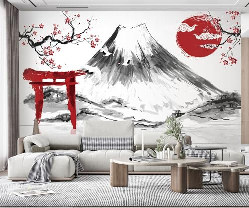 MIWEI Wallpaper Papier Peint Panoramique Grue De Prune Mt Fuji Japonaise Abstraite En Noir Et Blanc Papier Peint Nature Intissé Murale Chambre Salon (330cmX245cm)