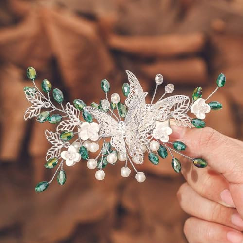 IYOU Braut Hochzeit Haarspangen Grün Kristall Barrette Haar Kamm Schmetterling Blume Kopfstück Prom Braut Haarschmuck für Frauen