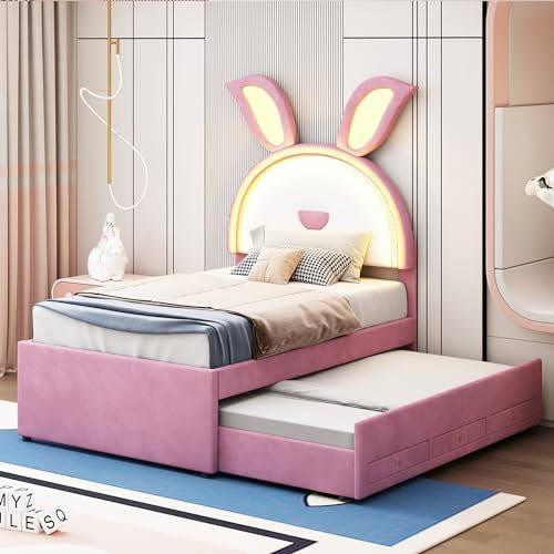 Kehun Kinderbett Polsterbett 90x200 mit LED-Kopfteil, Einzelbett mit Ausziehbarem Bett und 2 Stauraum Schublade für 2 Kinder, Schlafsofa mit Lattenrost, Kaninchen Stil, Samt, Rosa, Ohne Matratze
