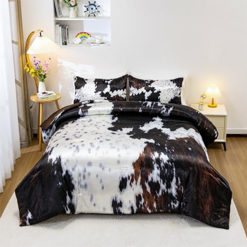 Aimuan Braunes Bettwäsche-Set mit Kuhmuster, Satin, luxuriös, seidig, gemütlich, superweich, Cartoon-Bettwäsche-Set mit 2 passenden Kissenbezügen (Kaffee, Queen-Size)