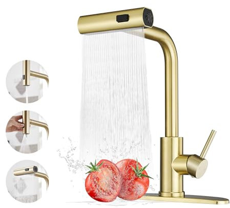 Grifos de cocina dorados con pulverizador extraíble, grifo de fregadero de cocina de cascada, grifos de cocina de acero inoxidable de uso comercial, grifo de fregadero de cocina de una sola manija con