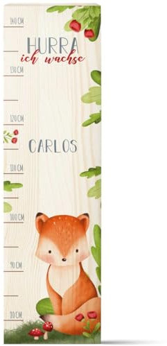 GRAVURZEILE Messlatte für Kinder aus Holz - Tiergruppe Wald - mit Namen für Kinderzimmer - Skala misst 80-140 cm - Größe 20 x 70 x 2 cm - Geschenk zur Geburt für Mädchen & Jungen - Fuchs
