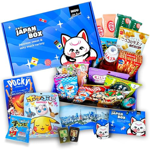 IKOU - OKASHI Überraschungs-Box: Japanische Süssigkeiten und Snacks in der coolen IKOU Allstars Box! Geballte Vielfalt, inkl. Origami, Sticker & Broschüre. Schokolade, Chips & Bonbons & mehr!