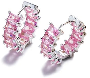 Mesovor Silberne Creolen Ohrringe mit Zirkonia für Damen und Mädchen, Versilberte Huggie Ohrringe, Schmuck für Party, Abschlussball (Rosa)