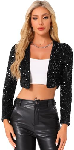 Allegra K Damen Pailletten Jacke Langarm Party Club Offen Glitzer Cardigan Kurzjacke Glitzer Bolero Schwarz L
