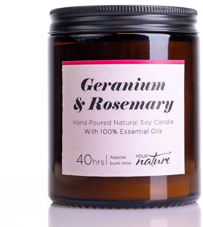 Geranium + Rosemary - Luxury Scented Natural Aromatherapy Candle | Handmade with Pure Essential Oils | Soy Wax | Cotton Wick | Long Lasting Fragrance | Vegan & Eco-Friendly - YOUR NATURE – 140g