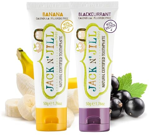 Jack N’ Jill Natural Certified Kids Toothpaste – Fluoride-Free Toddler & Baby Toothpaste with 40% Xylitol, No Sugar, Suitable from 6 Months+, Banana & Blackcurrant Flavour, Pack of 2 (50g Each)