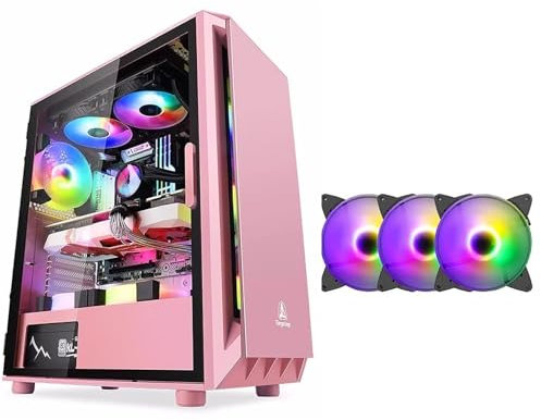 Computer Case Tempered Glass Mid-Tower ATX Case - Compatible With ATX Motherboard - High-Airflow - Cable Management System - USB 3.0 - Includes Color Fan(Pink,3 fans)