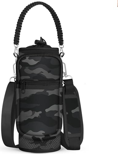 Toykee Wasserflaschenhalter mit Gurt für unter 900 ml, Crossbody und gewebter Griff, für Spaziergänge, mit Handytasche, Schwarz/Grau, Camouflage