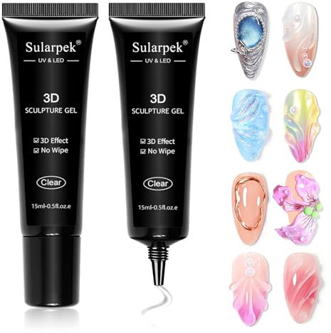 Sularpek 2*15g Gel per Scultura 3D, Trasparente per Scolpire Unghie 3D, Multifunzione Gel per Intaglio delle Unghie, Fai Da Te, in Rilievo