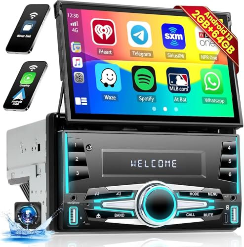 [2+64G] Double Din Car Radio with Wirelesss Carplay Android Auto, Hikity 7 Inch Motorized Flip Out Touchscreen Android 13 Car Stereo with GPS Navigation BT FM/RDS Backup Camera Mirror Link