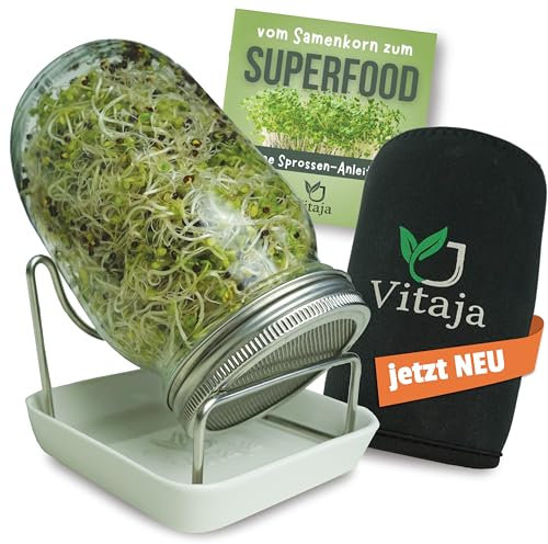 Vitaja Sprossenglas Keimglas Set mit Keramikschale - 1er Set für Sprossen Anzucht - (inkl. Abdunklungshülle) - Keimgläser für Sprossenzucht - Spülmaschinenfest - Anzuchtset für die Fensterbank