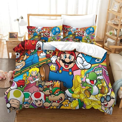 Loongboy Mario Super Bettbezug Set Bettwäsche Set Kinderbettwäsche Reißverschluss Mit Kissenbezügen Betten Set Für Jugendliche Kinder Schlafzimmer Single(140x200cm)