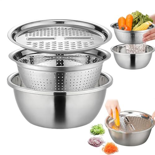 Xasbseulk Multifunctional Stainless Steel Basin - Kitchen Grater Basin Set | 3 in-1 Colander Mixing Bowl Set | Food Grater with Container Box | Salad Spinner Bowl for Choping, Slicing