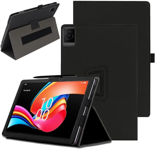 carinacoco Funda para tablet TCL Tab 10L Gen 2 de 10.1 pulgadas, cobertura completa, de piel premium, plegable, anticaídas, con soporte para lápices y correa de muñeca, color negro