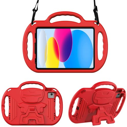 Surom Étui pour enfants pour iPad 10e génération 2022, iPad Air 11 (M2) 2024, iPad Air 6e/5e/4e génération 11 et iPad Pro 11, coque antichoc avec bandoulière, poignée et support pour enfants, rouge
