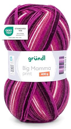 Gründl Wolle Big Mamma Print - XXL Wolle zum Stricken mit Farbverlauf - Weich und hautfreundlich - 100% Polyacryl - 1 Knäuel 400 g / 1040 m - Nadelstärke 3,5-4,5 - fuchsia-himbeer-bordeaux-weiß