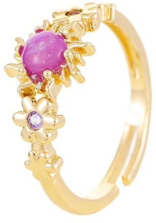 KJDYQ Rapunzel inspirierter Ring, Prinzessinnenschmuck, Sonne, violetter Opal, Blumen-Ring, Geburtstag, Hochzeit, Party, Halloween-Zubehör, Messing, Kein Edelstein