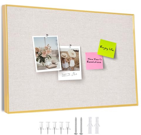 Aitakatta Pinnwand mit goldenem Aluminiumrahmen, Haferflocken-weißer Stoff, Korktafel für Wände, 43,2 x 33 cm, Pinnwand mit Pinnnadeln für Büro, Zuhause (G-AL, Stoff, 4333)