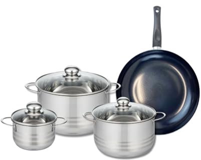 ELO 9717850 Kochgeschirr-Set, 4-teilig, 1 Bratpfanne 28 cm und 3 Kochtöpfe 14, 20 und 24 cm, Elo Prima glänzend, Edelstahl, Induktion