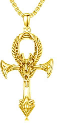 PROESS Vergoldet Ankh Kette 925 Sterling Silber Anubis Kreuz Halskette Ankh Anhänger Halskette Ägyptisches Amulett Schmuck Christian Geschenke für Männer Frauen
