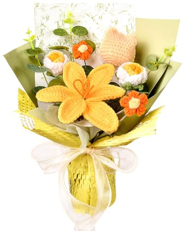 Wishwell Pop Gehäkelter Blumenstrauß, Tulpen Rosen und Gänseblümchen, Gelb | Handgemachte Häkelblumen Geschenk für Mama, Lehrer und Familie zu Muttertag, Abschluss, Geburtstag und als Dekoration