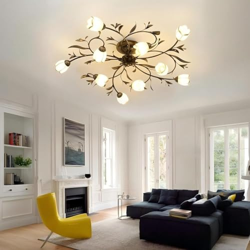 VTAMng Deckenlampe Retro Blumenform Deckenleuchte Landhausstil Deckenleuchte Altbronze mit Milchglaslampenschirm Antiker Sputnik-Kronleuchter geeignet für Küche Schlafzimmer Wohnzimmer(10 Lights)