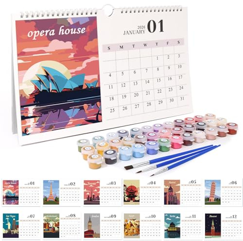 Wandkalender 2026, Malen Nach Zahlen Kalender Wandkalender Nation Landschaft, DIY Wandkalender 2026 zum Aufstellen, mit Pinsels Und Acrylfarbe für Geschenke und Home Haus Deko-Landschaft