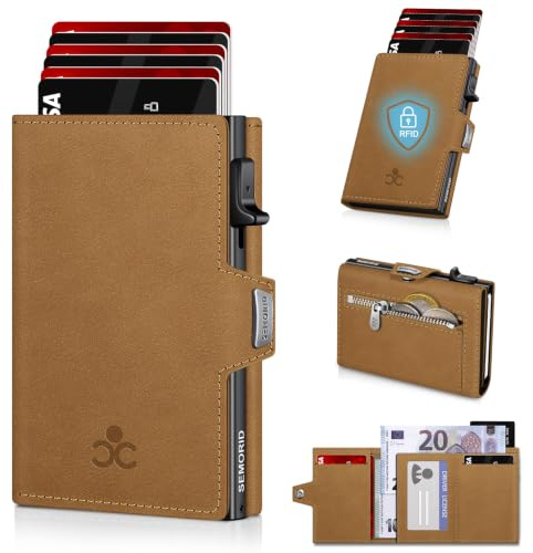 Geldbörse Herren, Portmonee Herren mit Münzfach & RFID Schutz, Slim Wallet | Pop-up Kartenetui Herrens, Geldbeutel Herrens für 9-11 Karten ID-Fenster Geldscheinfach Smart Wallet for Men (Kamelbraun)