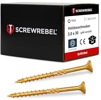 Holzbauschraube 3x30 mm - 200 Stück, gelb verzinkt, TX 10, Cut-Spitze, Reibteil, ETA | SCREW REBEL