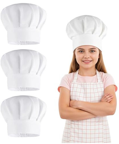 4 Stück Kochmütze Kinder – Verstellbare Kochhaube für Kinder, Weiß Baumwolle Kochmütze, Bäckermütze Kinderküche Mütze zum Kochen, Backen, Party, Schule, Zuhause