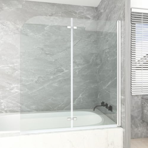 T&K Duschwand für Badewanne 130x140cm Chrom, 2 teilig Faltbar Glas Badewannenwand 5mm Gehärtetes Sicherheitsglas Beidseitig Leicht Zu Reinigen Badewannenaufsatz Duschabtrennung für Badewanne