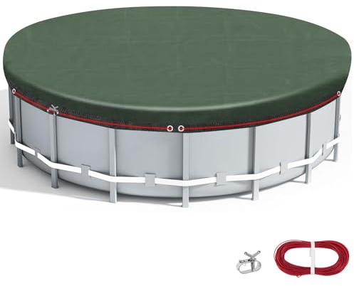 Teodute Bache Piscine Hivernage pour Piscines 320 à 366cm, 2 en 1 Bache Hivernage Piscine Hors Sol avec Câble en Acier, PE Bâche de Piscine Ronde Aux Intempéries été comme Hiver (Ø 420 cm)