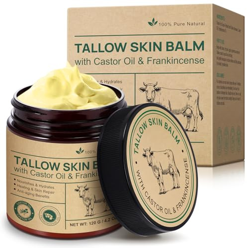 Beef Tallow Cream With Castor Oil and Frankincense Balm - 100% Grass-Fed Beef Tallow Skin Care, Age-Defying Moisturizer for Face & Body, Deep Hydration & Nourishment, Nourish & Repairing Dry Skin