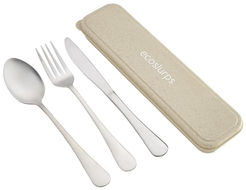 EcoSlurps Travel Cutlery Set in Clipdown Travel Case - British Designed 304 Grade Stainless Steel Metal Cutlery for Camping, Hiking, Lunch on the go and Eating Outdoors (White)