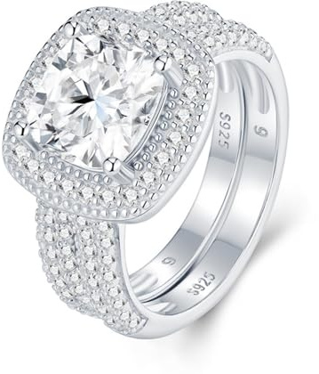 Moissanit-Ehering-Set für Damen, 2,5 Karat, Kissenschliff, Diamant-Verlobungsring, 925er Sterlingsilber, Brautring-Set, Größe 5–9, 9, Silber, Moissanit