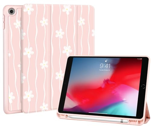Fycyko Hülle für iPad 9./8./7. Generation 2021/2020/2019, iPad 10,2 Zoll Hülle mit Stifthalter, Cute Rosa Blume Muster Trifold Ständer mit Kratzfest, Rosa Ästhetisches Schutzhülle