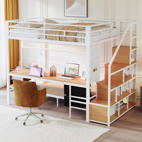 Xwiny Kinderbett Hochbett mit LED & Schreibtisch, Etagenbett mit Offenem Stauraum Stoffschubladen, USB- und Typ-C-Anschlüsse, Oberbett 140x200 & Unterbett 90x200, Metall, Weiß (Ohne Matratze)