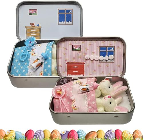 Generisch Kleiner Taschenhase In Einer Blechdose, Taschenhasen-OsterköRbchenfüLler, Selbstgemachte Hasen-Adoption Aus Blechdose, Mini-PlüSchhaus-OsterköRbe, Dekorative Boxen (Blau+Rosa)