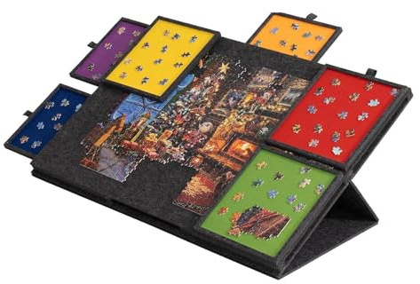 Jigsaw Puzzle Board 2-in-1 Stand & Cover with 6 Drawers, Lightweight Portable Felt Jigsaw Puzzle Table Board for Adults Gift for Games Up to 1000 Pieces (Dark Grey with Colorful Drawers)