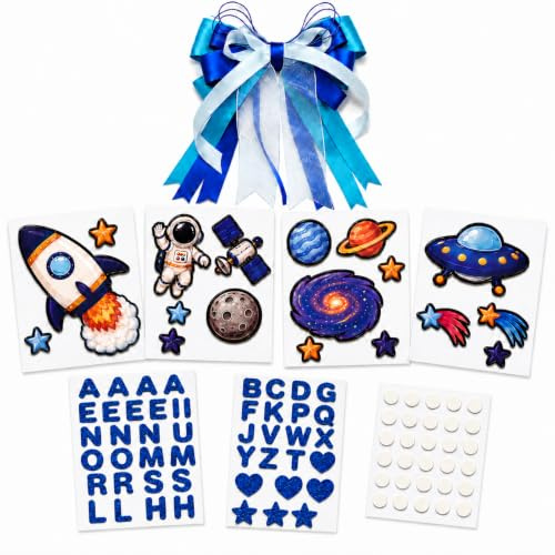 HSSPYY Schultüten Deko Set Weltraum Blau, Zuckertüten Bastelset zur Einschulung mit Rakete, Astronaut, Planeten, Schleife, Glitzer-Buchstaben & Klebepunkten, 70/85 cm - Ohne Schultüte