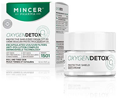 Mincer Pharma Oxygen Detox Schutzschild, Anti-Smog, Anti-Freie Radikale, Stärkung der Tagesgesichtscreme SPF 20 Für Stumpfe und Müde Haut mit UVA und UVB Filtern, Anti-Pollution Complex 50 ml