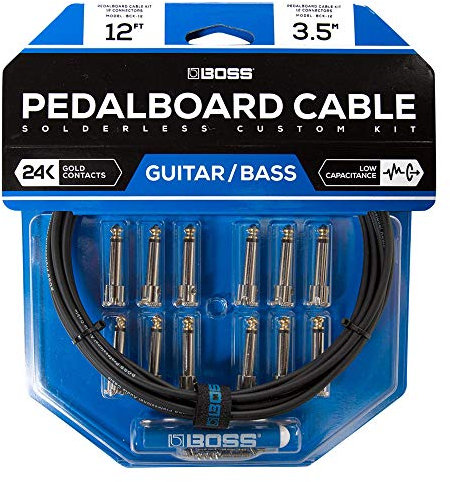 BOSS BCK-12 Solderless Pedalboard Cable Kit – 12 foot cable + 12 Right-angle/Straight 1/4 Plug Connectors to Make 6 Custom Cables