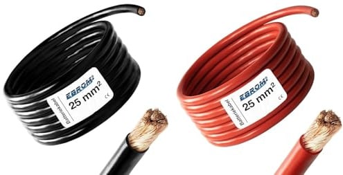 EBROM Batteriekabel ROT (+) SCHWARZ (-) Paar, 25 mm2, Wahl: 5 Meter 25 mm² | Ab 1 m bis 50 m, PLUSKABEL und MASSEKABEL als Kombi 2,5 / 4 / 6 / 10 / 16 / 25 / 35 / 50 oder 70 mm² wählbar 99,9% OFC Kupfer