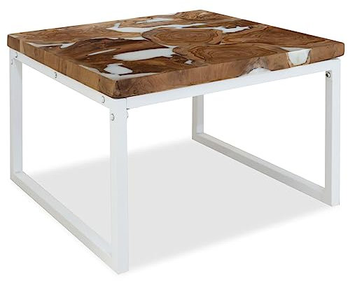 vidaXL Teak Couchtisch Handgefertigt Beistelltisch Wohnzimmertisch Kaffeetisch Sofatisch Teetisch Tisch Ablagetisch Harz 60x60x40cm Stahl