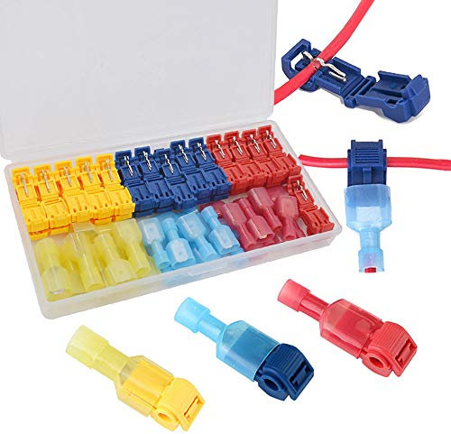 QitinDasen 60Pcs (30 Pairs) Premium T-Abzweigverbinder Schnellverbinder Set, T-Schnellverbinder + Vollisolierter Flachstecker, T-Tap Elektrische Steckverbinder (Rot 20Pcs, Blau 20Pcs, Gelb 20Pcs)