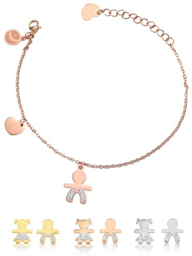 inSCINTILLE Sweet Child Bracciale Donna Acciaio con Ciondoli Bebè, Cuore, Piedini, Bracciale Mamma e Figlio, Confezione Idea Regalo Inclusa, Braccialetto Gravidanza Acciaio Inox (Bimbo Oro rosa)
