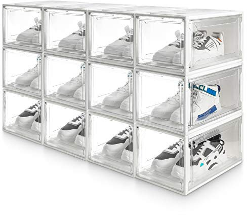 Yorbay 12er Set, Schuhbox Schuhregal, stapelbarer Schuhorganizer, plastikbox mit durchsichtiger Tür, Schuhaufbewahrung, für Schuhe bis Größe 48, Super transparent weiß
