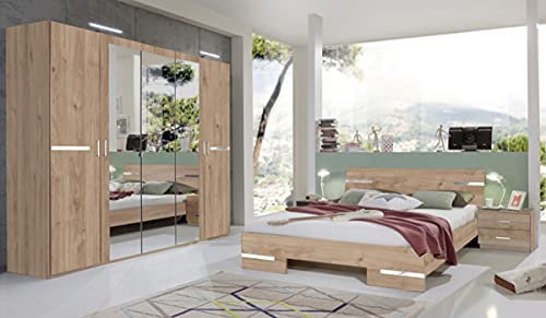 PEGANE Chambre à Coucher complète Adulte (lit 140x190 cm + 2 chevets + Armoire) Coloris Imitation chêne Artisan/Chrome Brillant