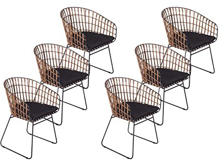 SAM 6er Set Rattanstuhl Lima, Farbe Dunkelbraun, inklusive Sitzkissen, Korbstuhl mit Metallrahmen, Geflechtstuhl/Eisenstuhl im Retro-Design, Esszimmerstuhl mit Armlehnen